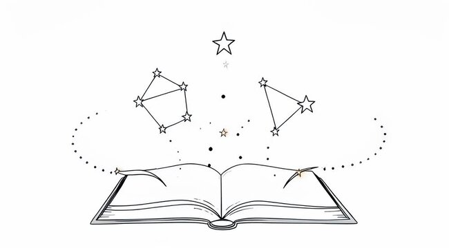 Minimalist line art book animation, magical open book with floating stars and constellations, whimsical storytelling concept on white background