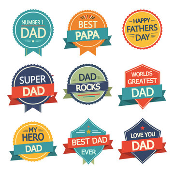 Collection of Father's Day badges and labels celebrating dads with positive messages