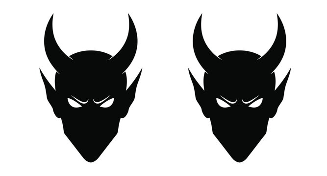 Two devil heads with horns and glowing eyes on transparent background silhouette
