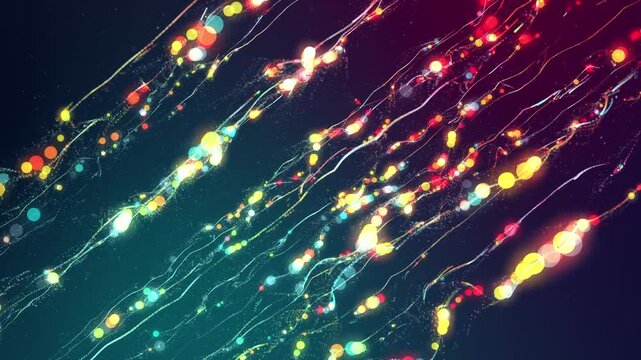 3d render particles Illuminated particles drift diagonally amid shimmering soft focus effects. Dynamic luminous streaks and glowing particles animate futuristic ambiance with subtle soft focus layers