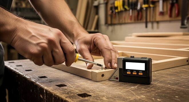 Woodworking artisan uses a digital angle gauge to measure precision joinery projects