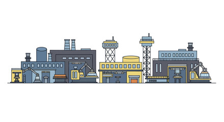 Fototapeta premium Industrial factory buildings with smokestacks and water towers in a row.