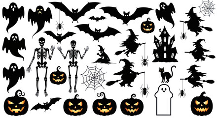 Obraz premium Halloween Icons: Ghosts, Bats, Skeletons, Witches, Pumpkins, Spiders, Black Cat