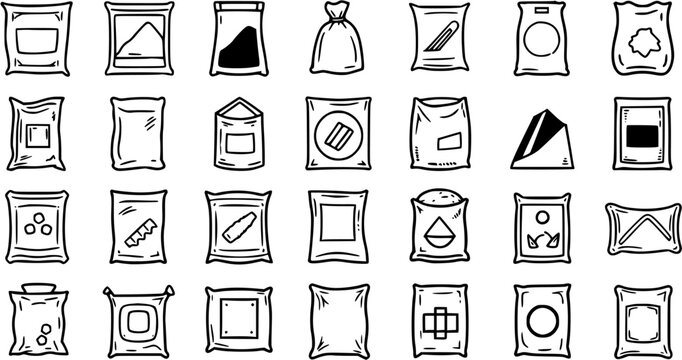 Hand-drawn Outline Packaging Bags and Product Pouches Icon Set for Food, Retail, and Consumer Goods Industries