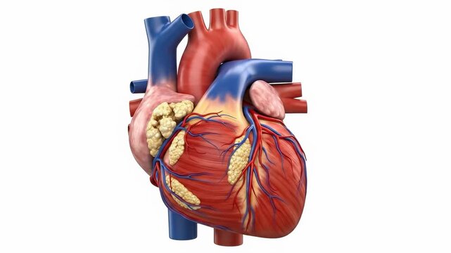 Detailed anatomical view of the human heart, showcasing the cardiovascular system, highlighting areas of concern for heart disease prevention and treatment, medical, health