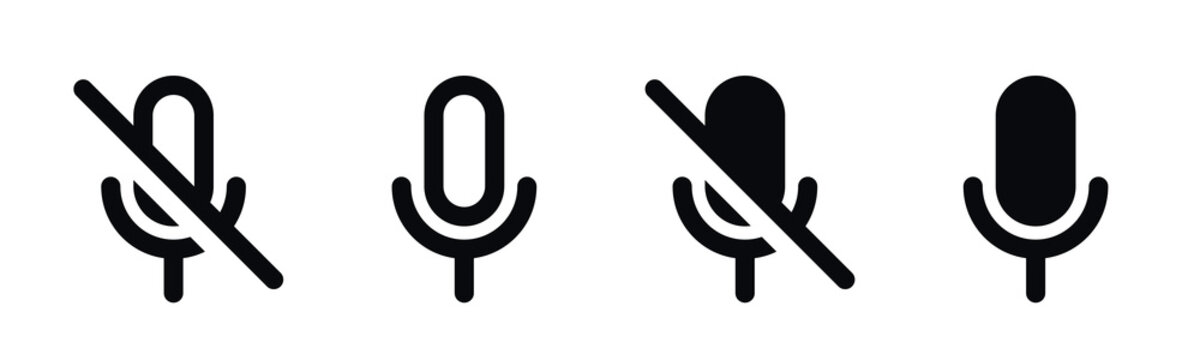Microphone icon set with mute symbols black and white flat vector elements