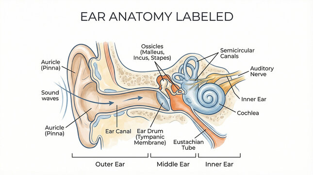 Detailed anatomical diagram showcasing the intricate structure and function of the human ear, illustrating the complex pathways of sound perception through its outer, middle, and inner components