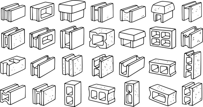 Black and White Line Art Vector Set of Various Concrete Blocks and Cinder Building Materials for Construction Industry
