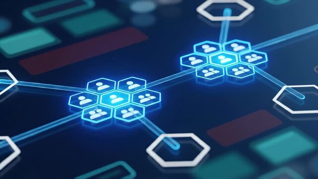 Meeting virtual global team teamwork collaboration connection communication synergy connectivity digital network interface with glowing hexagon icons linked nodes group workflow data cloud blockchain