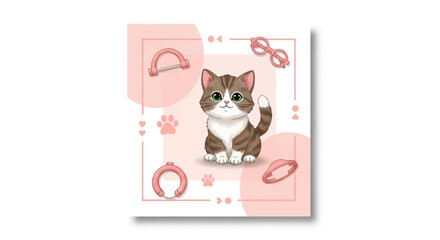 Illustration of a cute tabby cat sitting upright with a playful expression, surrounded by pink accessories and paw prints against a soft white background with pastel pink accents © Anggita