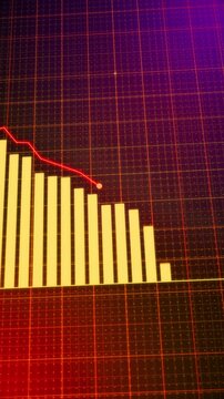Bar chart plummeting fall drop decreasing over time. Business loss falling down. High tech style animation with detailed vertical animation. 4K resolution.