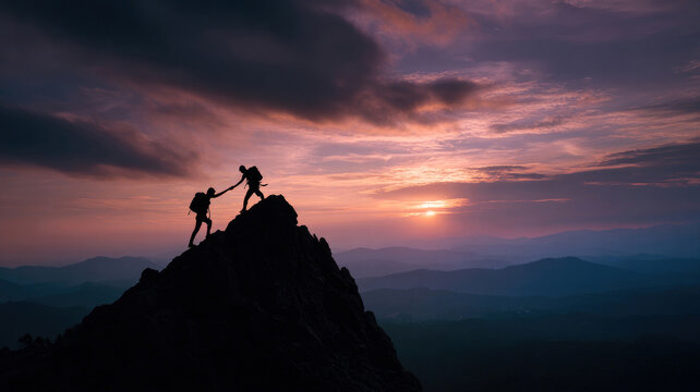 Helping hiker reaching mountain peak with a stunning sunset landscape. Teamwork concept.