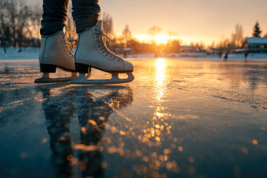 Ice skating at sunset, woman feet in skates on frozen lake. Winter leisure concept.