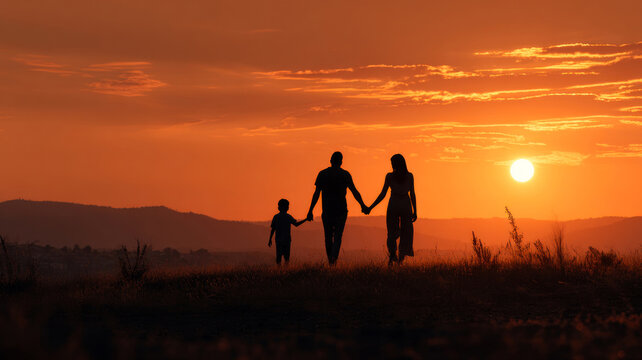 Silhouette of happy family, mother, father and son on sunset landscape.