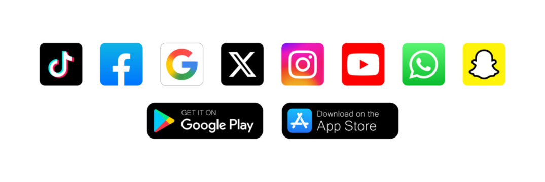 Popular social media logo icons set with Google Play, App Store download app buttons. Social media logos vector