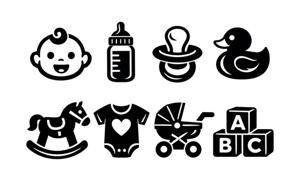 Baby themed vector icons set including pacifier toy and pram in black and white silhouette style