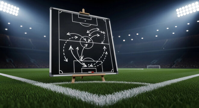 Tactical strategy board on an easel placed directly on the green grass pitch of an illuminated soccer football stadium arena ready for a competitive championship match.
