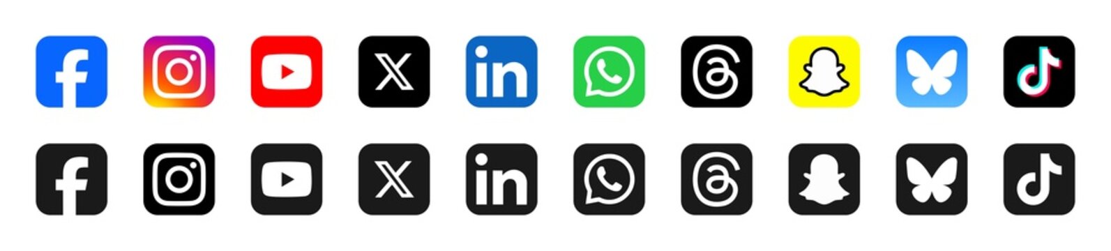 Social media icons set 2026. Social network logos. Instagram , Facebook , WhatsApp , X , YouTube , LinkedIn , SnapChat , Threads , BlueSky & TikTok. Vector buttons