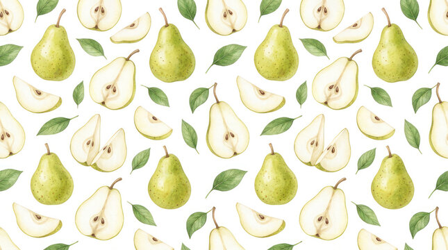 Watercolor illustration of green pears and pear slices arranged on a white background, featuring leaves for a fresh and vibrant design
