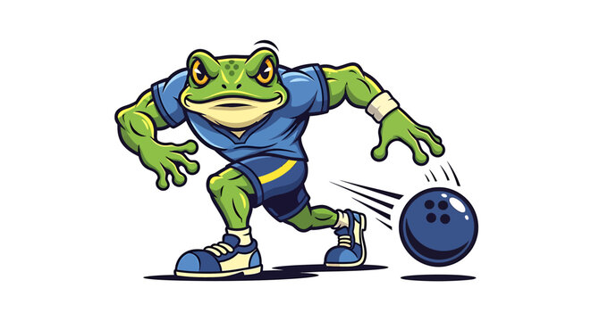 Cartoon Frog Bowler - Striking Pose with Bowling Ball, Ready to Roll.
