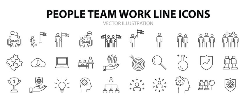 People Icons Line Work Group Team Vector. Recruitment web icons in line style. Headhunting, career, resume, work group, candidate, job hiring, collection. Editable stroke. Vector illustration.