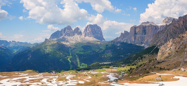 view of Langkofel and Sella mountain, dolomites alps, from hiking route viel del pan, italy