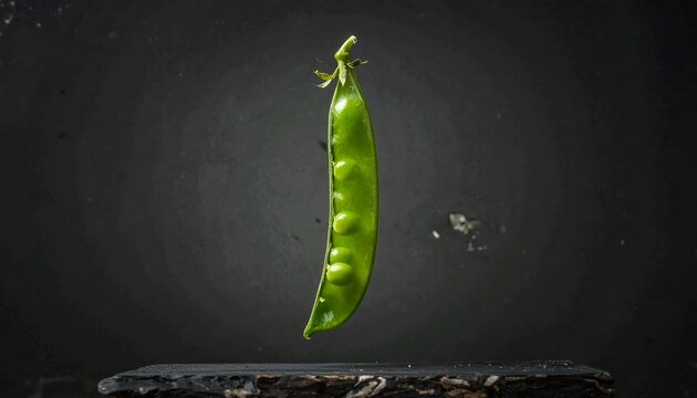 A single green pea pod suspended in mid-air against a dark background