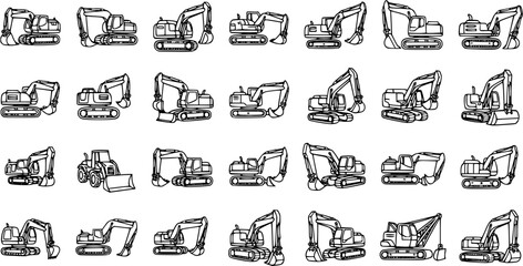 Fototapeta premium Black and White Line Art Icons of Excavators, Construction Vehicles, Heavy Machinery