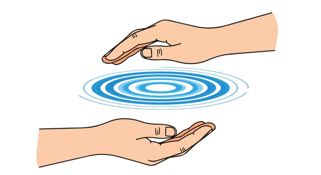 Two human hands gently hovering above and below ripples of blue water creating a sense of calm and balance