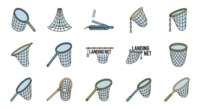 Collection of Hand-Drawn Landing Nets for Catching Insects and Butterflies.