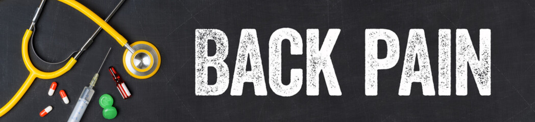  Stethoscope and pharmaceuticals on a blackboard - Back pain