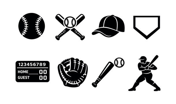Baseball icons set with bat, glove, ball, cap, home plate in black and white silhouette vector