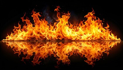 Fototapeta premium Fiery orange and yellow flames blaze with intense heat and energy, creating an abstract inferno of burning light and smoke against a dark black background