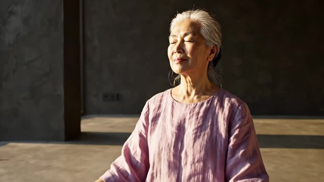 Senior Asian woman meditates peacefully in a sunlit modern room. She sits cross-legged on a patterned rug, eyes closed. The scene evokes wellness and inner peace.