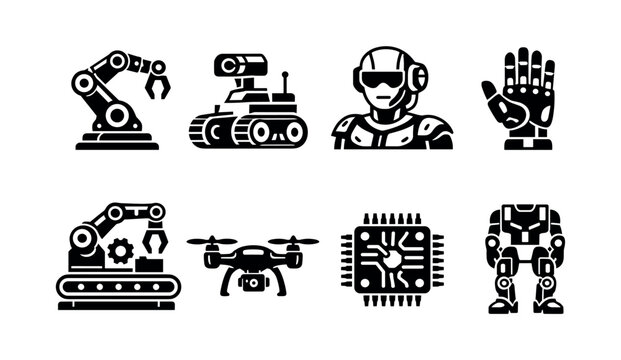 Black and white vector silhouette collection of robotics elements including arm robot ai and drone