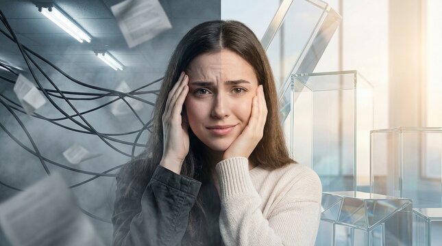Woman's Split Face: Depicting Stress vs. Calm in Modern Office Environments