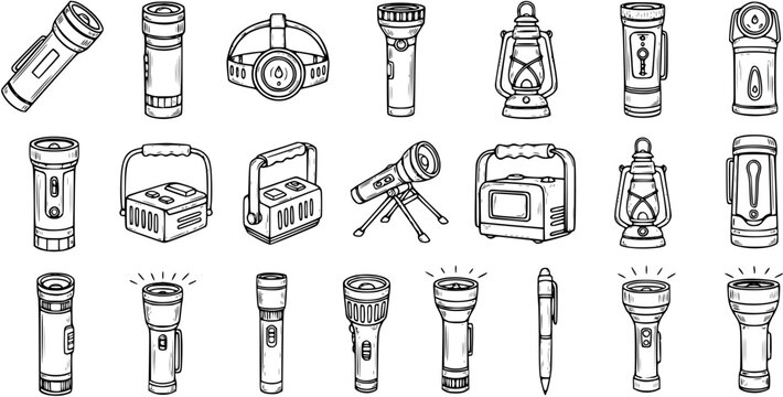 Black and White Line Art Collection of Outdoor and Emergency Flashlights, Lanterns, and Headlamps