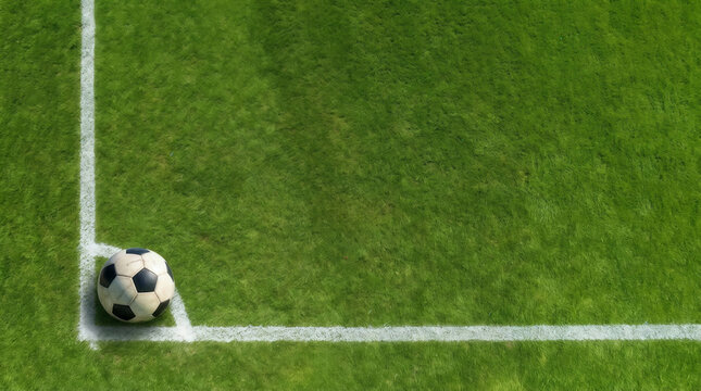 High angle view of a classic black and white soccer ball placed at the corner kick line on a vibrant green grass field ready for a match in a professional sports stadium