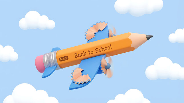 A colorful pencil airplane soars through fluffy white clouds with Back to school, copy space for text, symbolizing education and learning
