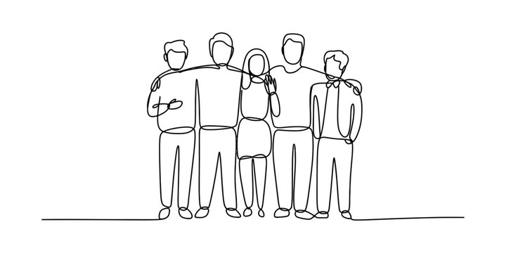A continuous line drawing depicting a group of five friends standing together in unity and harmony Vector, illustration
