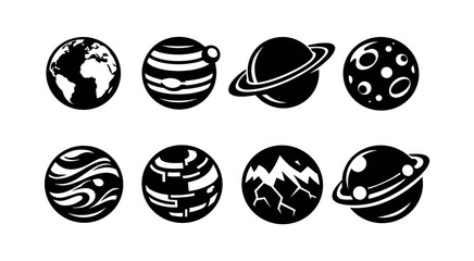 Black and white silhouette icons of planets and celestial bodies vector illustration © Compositor 