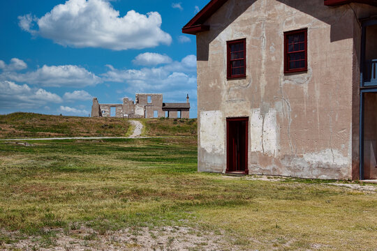 Summer View of the Hospital Ruins and the Cavalry Barracks at Fort Laramie National Historic Site in Wyoming.