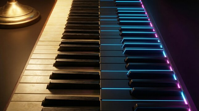Conceptual image of piano keys contrasting vintage and modern neon styles