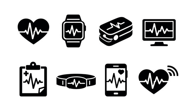 Medical heartbeat icons set, health monitoring devices illustration, black and white silhouette