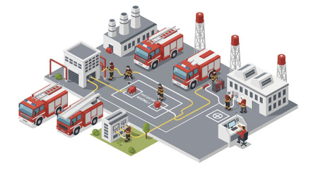 Isometric Fire Station and Industrial Area with Firefighters and Trucks. © Aksa