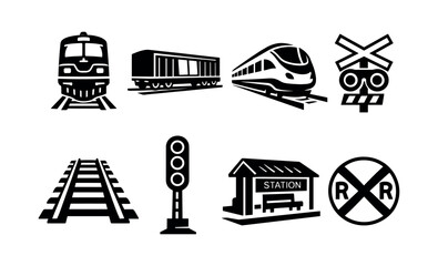 Black and white train transportation icons including rail, locomotive, station, and railroad crossing symbols © Compositor 