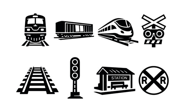Black and white train transportation icons including rail, locomotive, station, and railroad crossing symbols