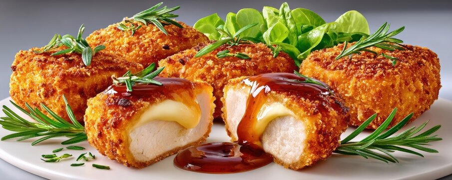 Crispy breaded chicken nuggets cut in half with melted cheese and rich dipping sauce on plate