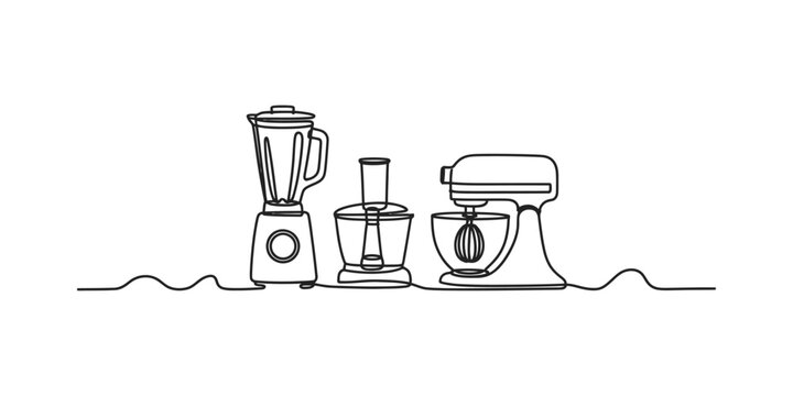 A single continuous line drawing featuring a blender, a food processor, and a stand mixer setup. Vector, illustration
