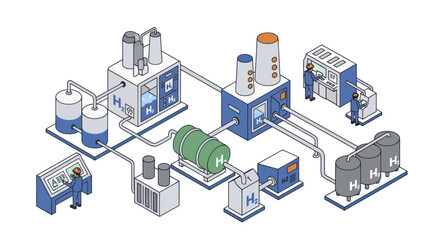 Fototapeta premium Isometric illustration of a complex industrial facility with various interconnected machines and tanks.